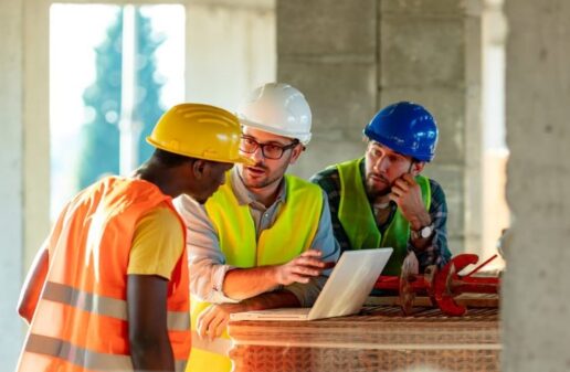 Builders looking at a laptop.